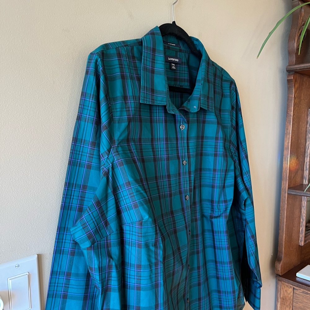 *HOST PICK* Landsโ End No Iron Supima Cotton Teal Green/Black/Purple Plaid Shirt - Picture 7 of 14